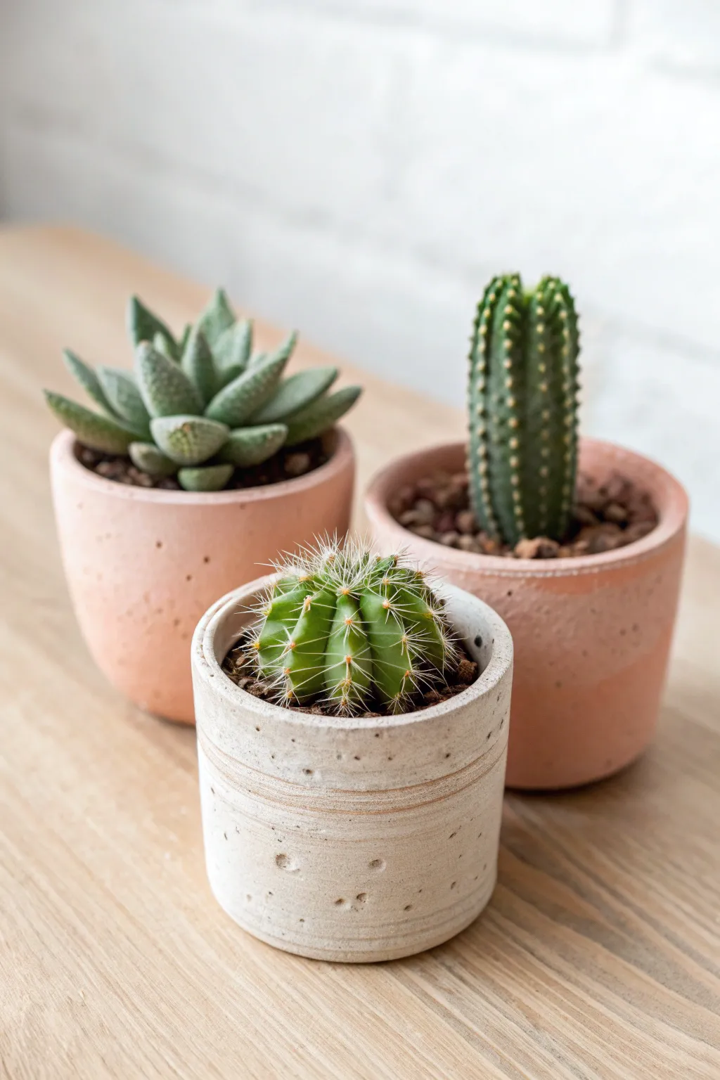 Mini clay cactus and succulent pots in soft neutrals, simple shapes, calm Scandinavian boho vibe