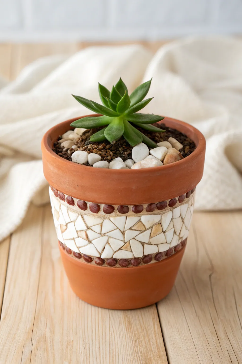 Mini clay pot with a simple mosaic band and succulent, minimalist Scandinavian look with warm boho texture.