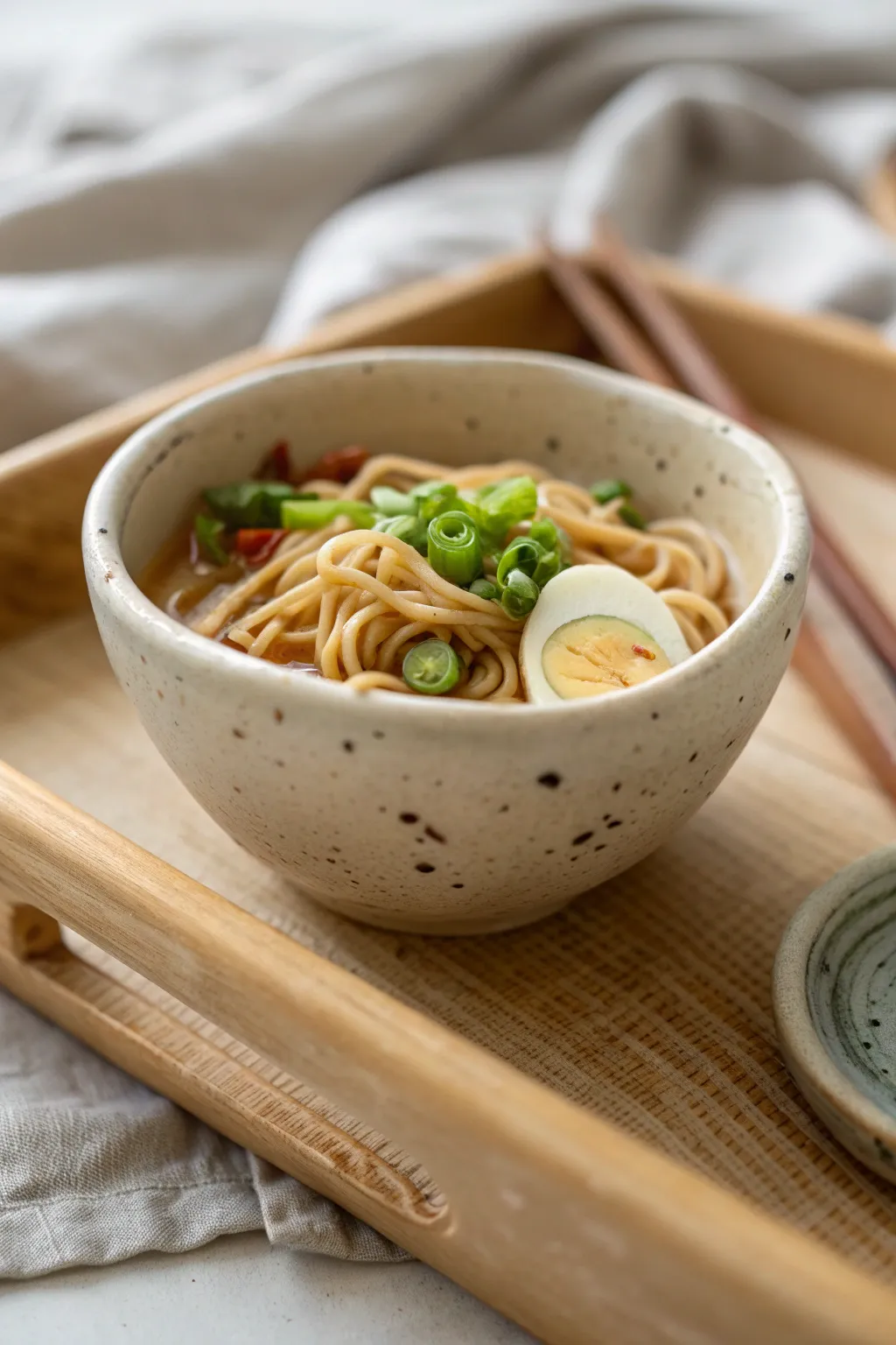 Tiny clay noodle bowl scene with simple toppings, minimalist and cozy with natural contrast.