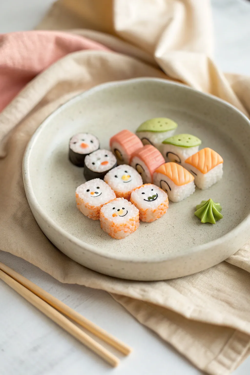 Cute mini polymer clay sushi bites, simple faces, neatly arranged on a tiny dish for decor.