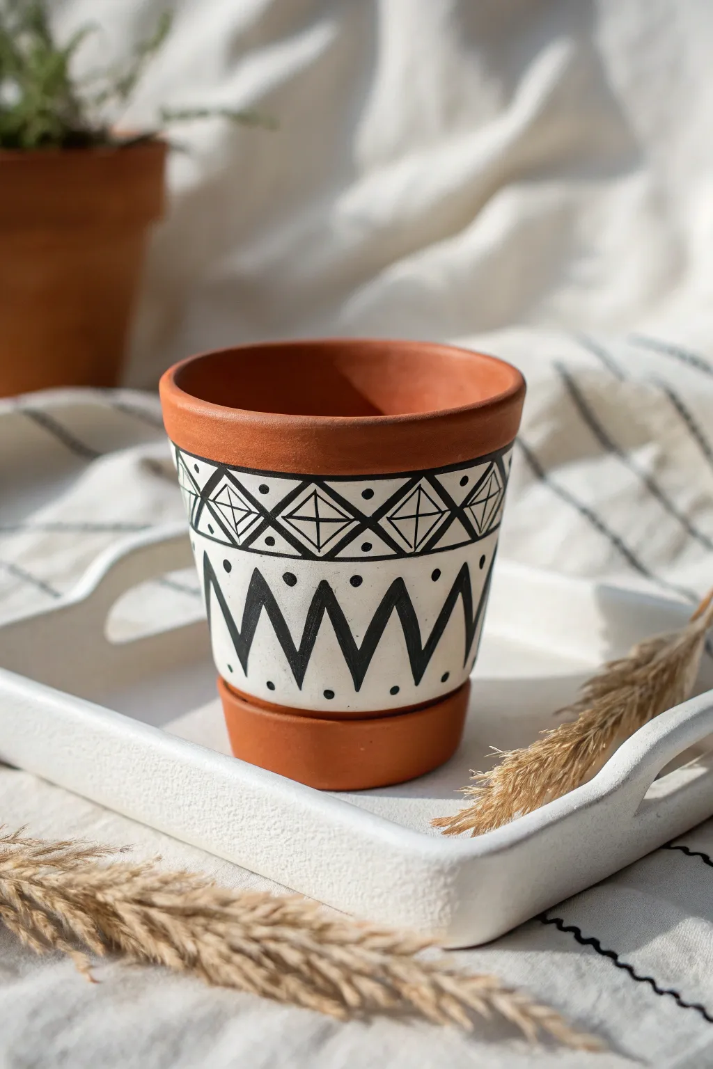 Stamped mini terracotta pot in crisp black and white, styled on a ceramic tray, minimalist boho.