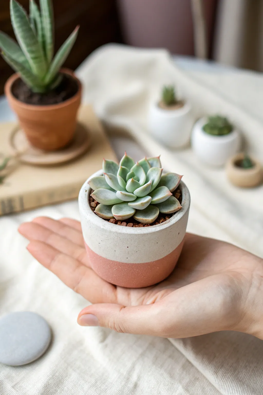 Micro air dry clay succulent pot, tiny and calm in the palm for perfect miniature inspo.