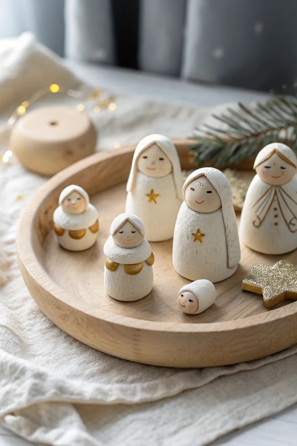 Simple clay nativity minis in soft neutral tones, minimalist Scandinavian feel with a boho touch