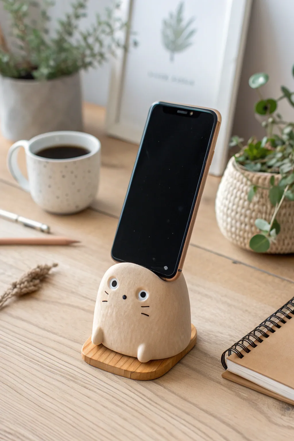 Chubby clay phone stand desk buddy in soft neutrals, minimalist boho charm for cozy workdays.