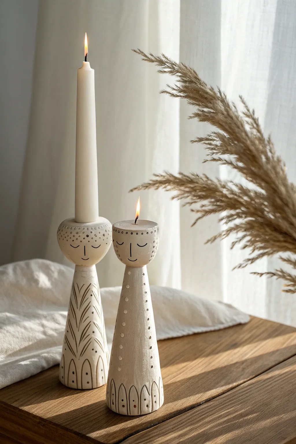 Two matching clay candle holders, different heights, simple carved details, cozy minimalist couple vibe
