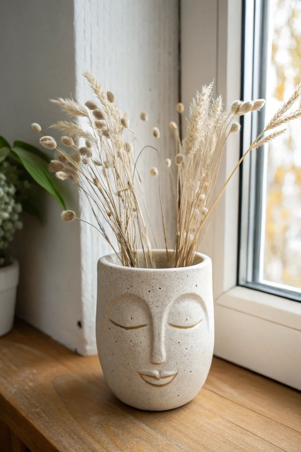 Minimal clay face pot with dried stems, a calm Scandinavian-boho accent for any shelf.