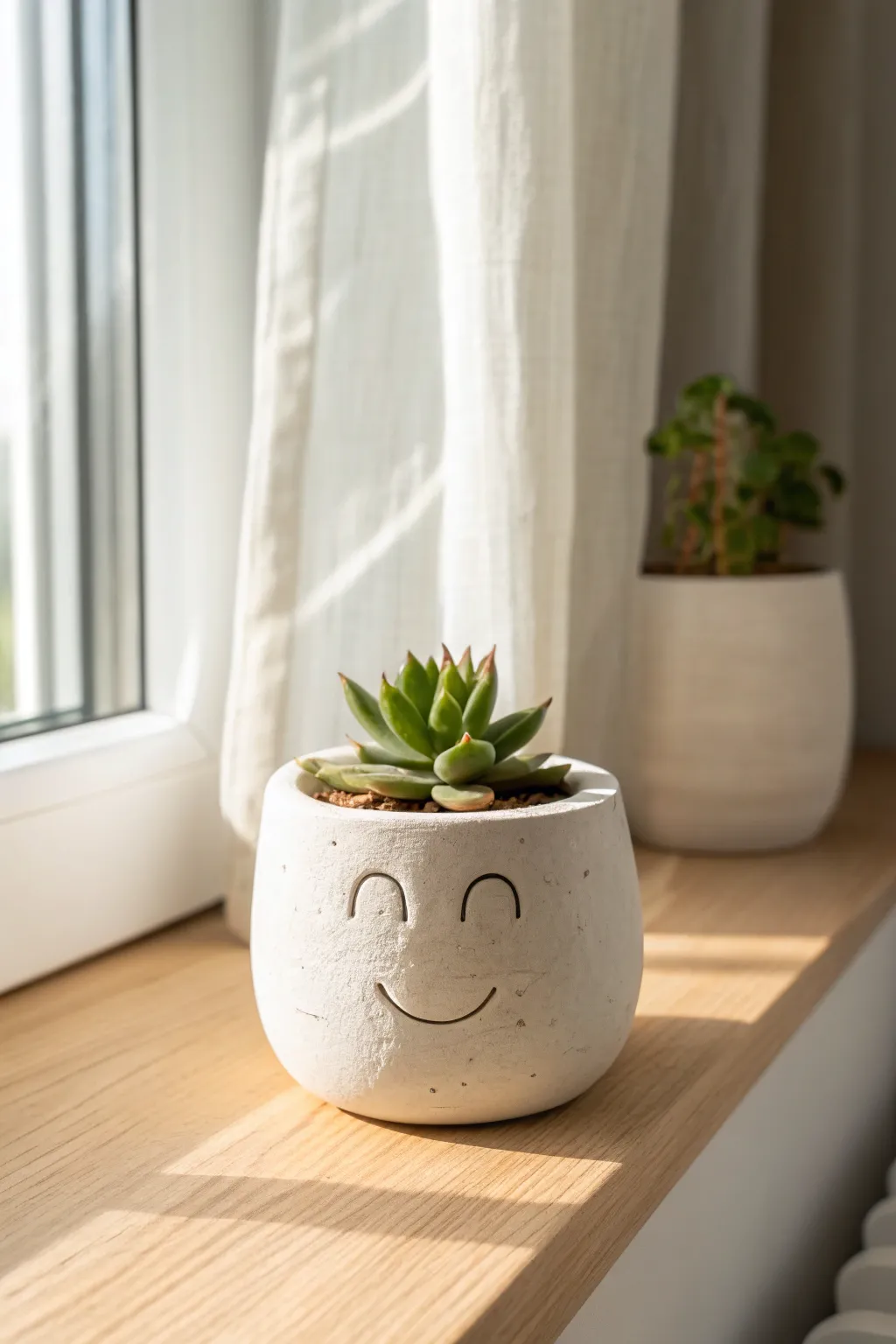 Smiley face mini clay succulent pot on a sunny windowsill, minimalist Scandinavian boho vibe