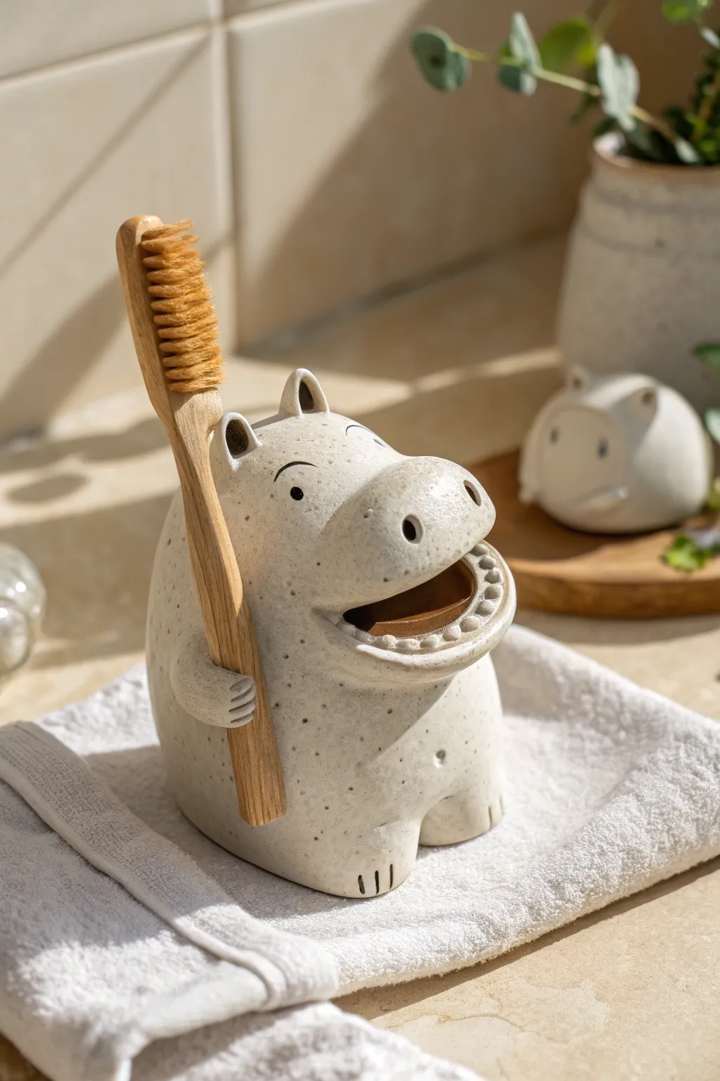 Cute clay hippo toothbrush holder with open mouth grip, minimal neutral bathroom styling