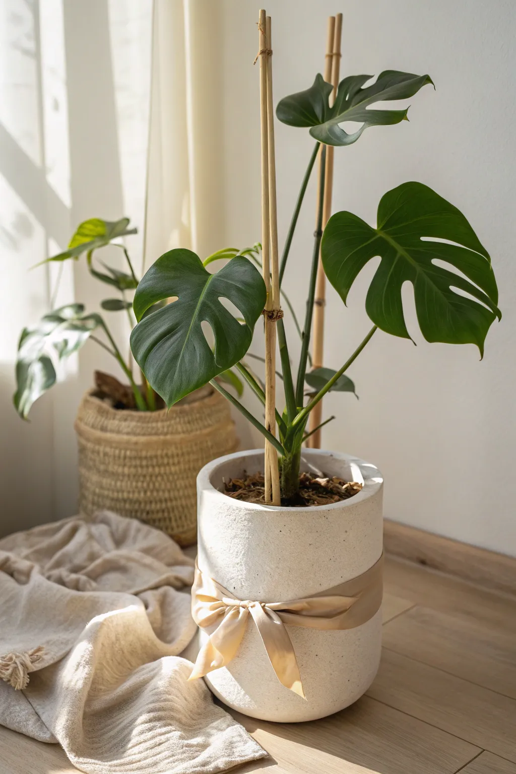 Minimal ceramic Monstera planter with natural stakes and soft ties for gentle, stylish support.