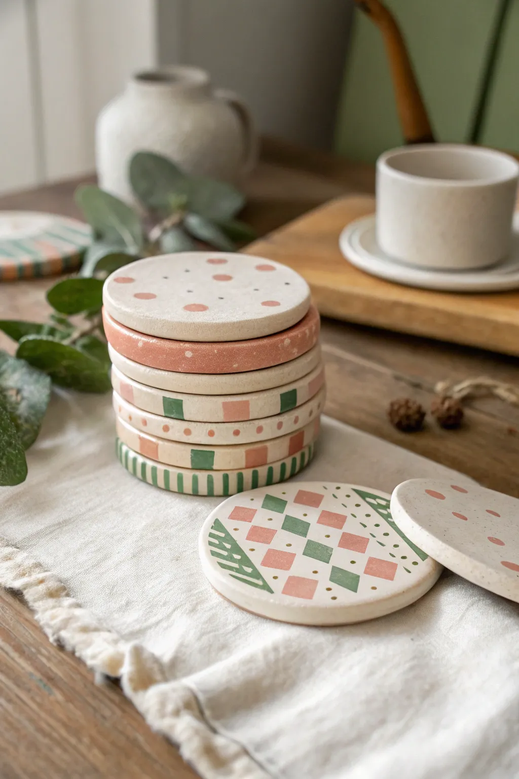 Easy painted clay coaster set in soft spring tones, a sweet handmade Mothers Day gift.