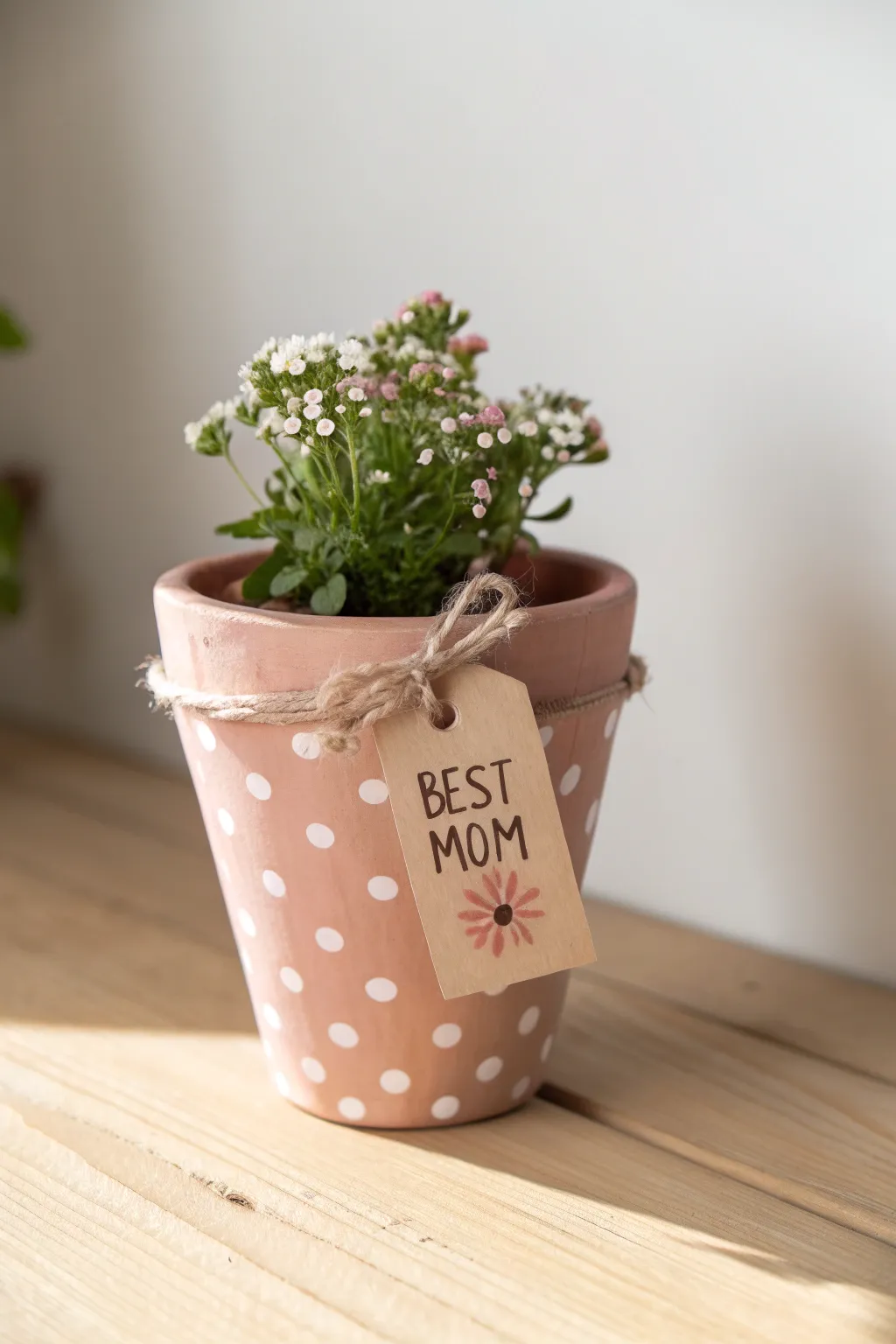 Pastel polka dot clay pot with a small flowering plant and tag, perfect for Mothers Day.