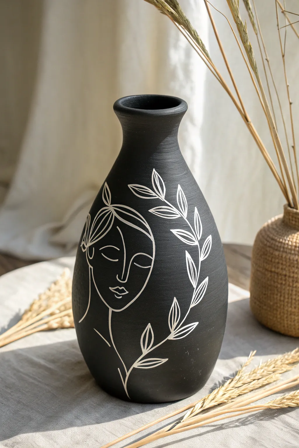 Matte black mud vase with simple white line art and pale dried stems for high-contrast calm