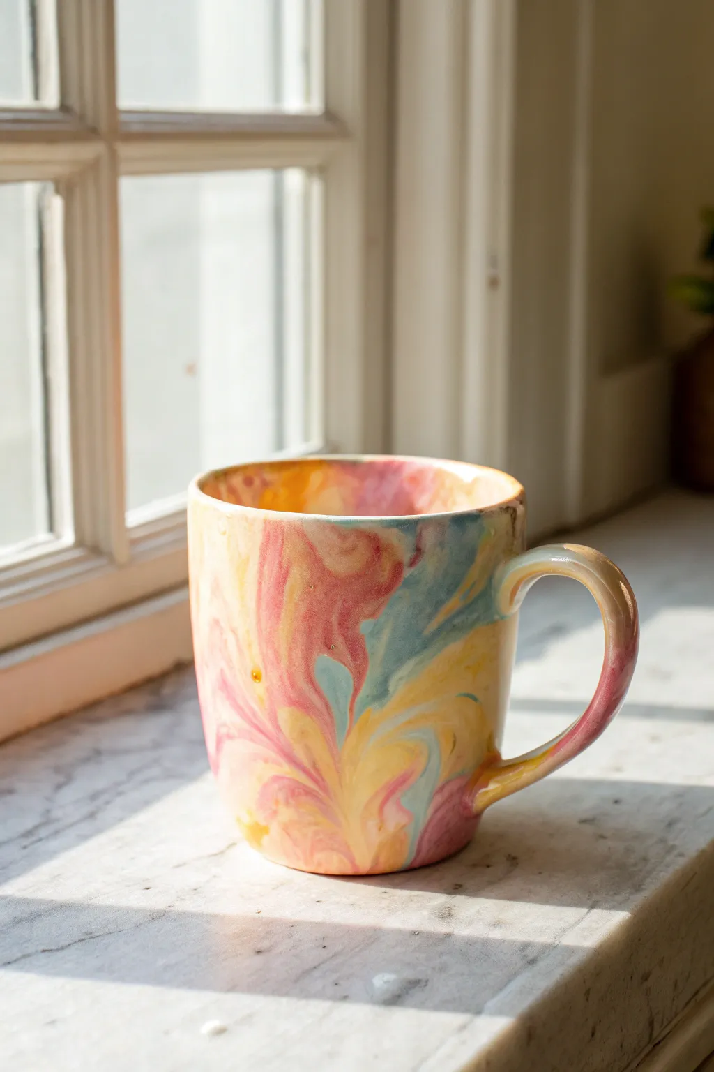 Bright alcohol-blended tie-dye swirls on a glossy mug, minimalist styling with boho warmth.