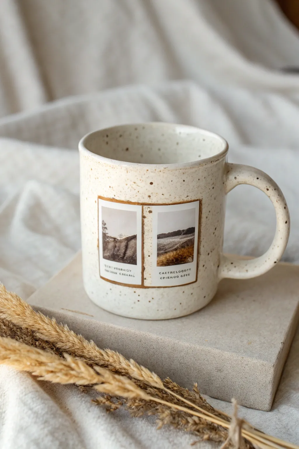 A then-and-now mug idea: two photo-transfer panels side by side for a sweet timeline look
