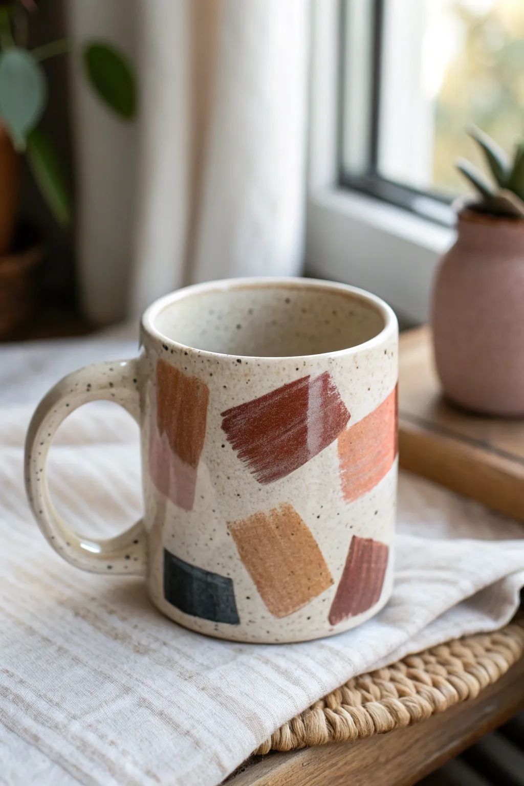Chunky abstract brushstroke blocks on a matte mug for a clean, modern gallery vibe