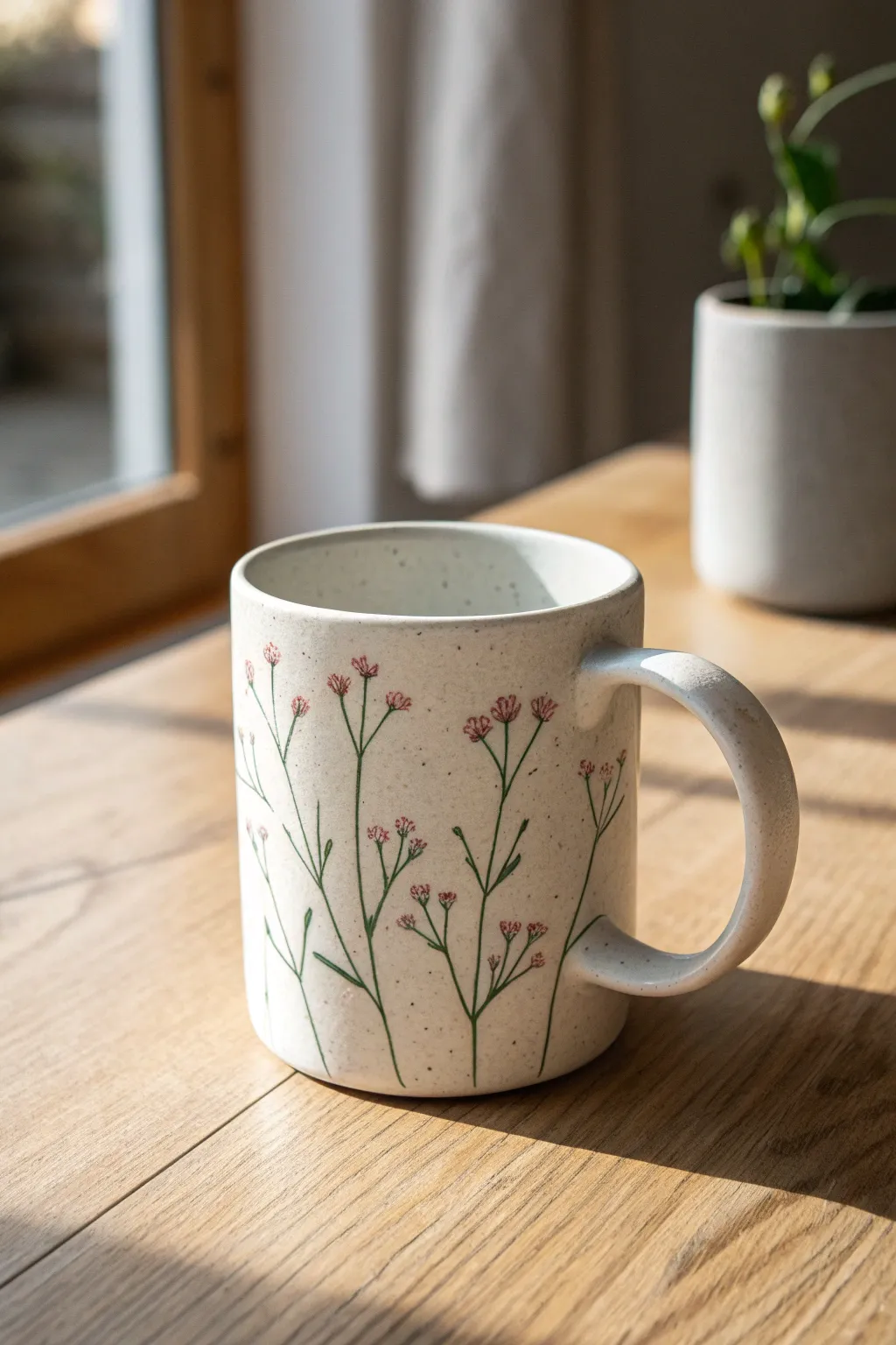Minimal stems and tiny buds on a crisp white mug for a calm, modern floral look.