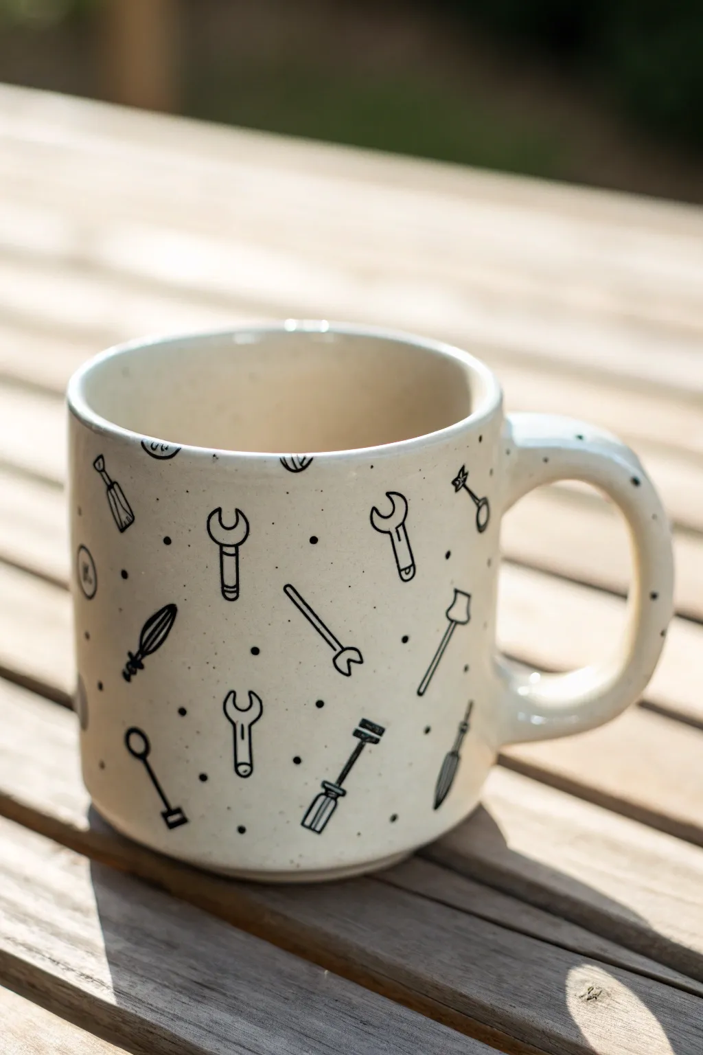 Minimalist mug painting idea for guys: tiny black tool icons on a warm handmade ceramic mug.