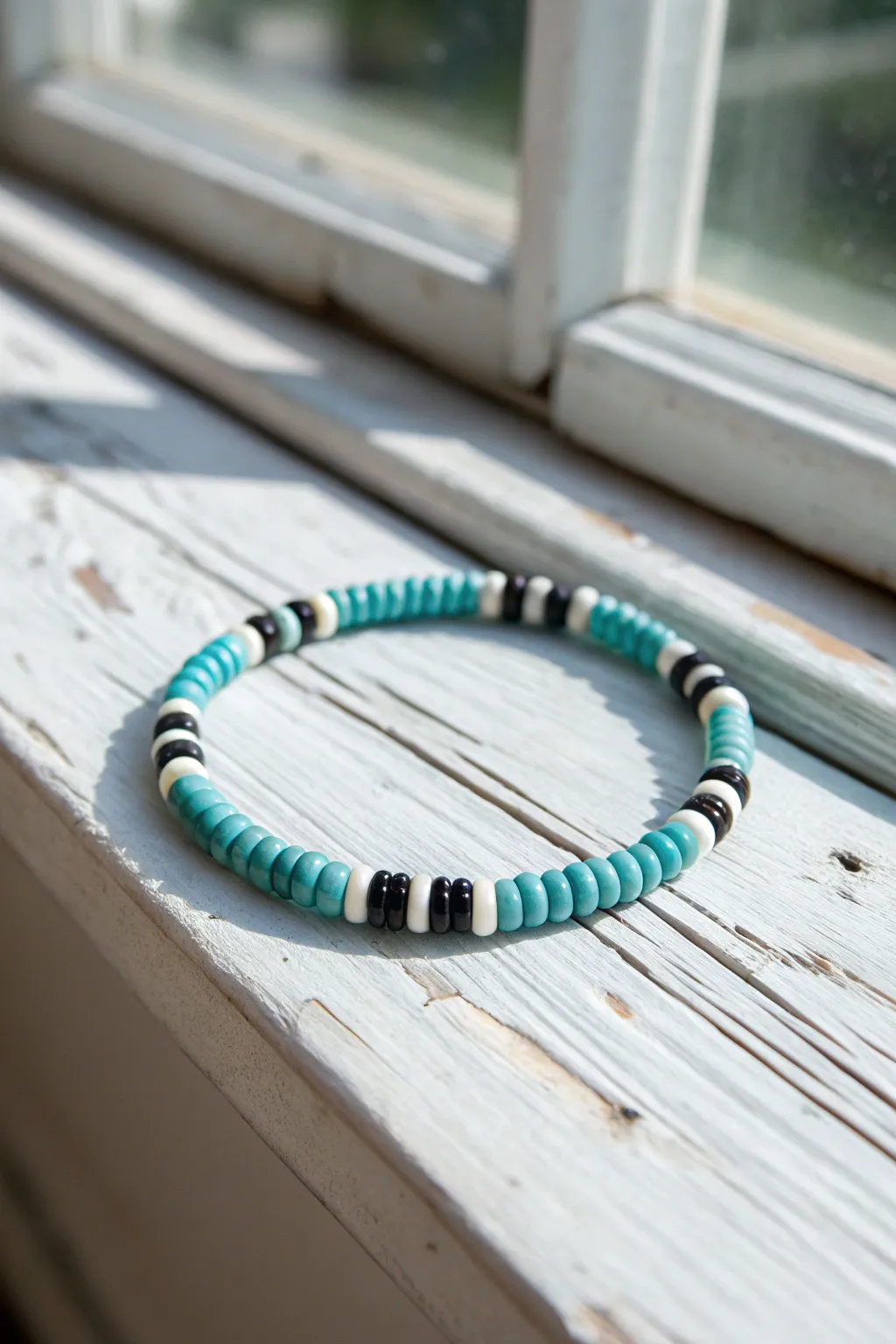 Turquoise heishi bracelet with bold spacer stripes, a clean boho accent for everyday wear.