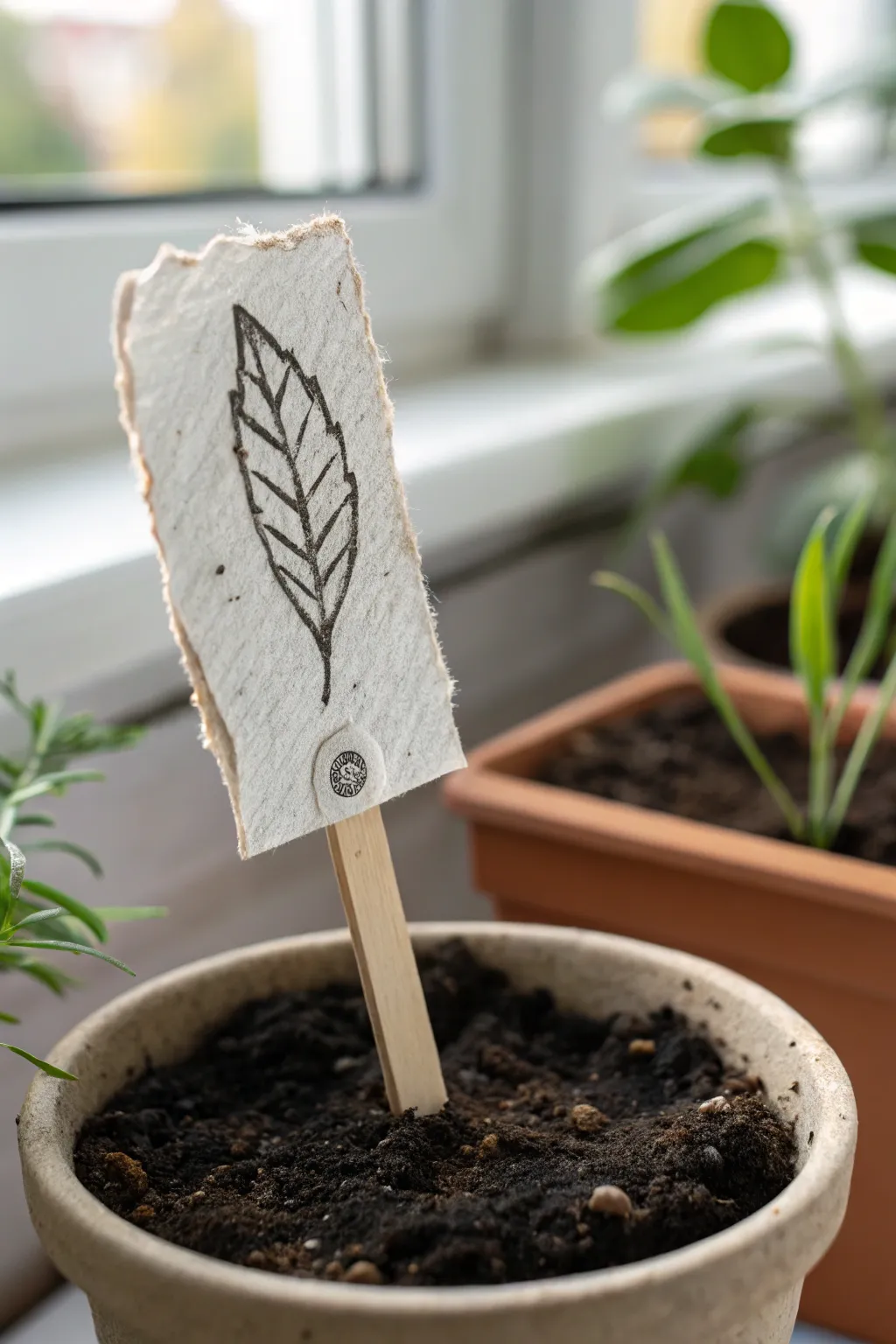 Simple herb-imprint clay garden marker, rustic and minimal, perfect for a cozy herb planter.
