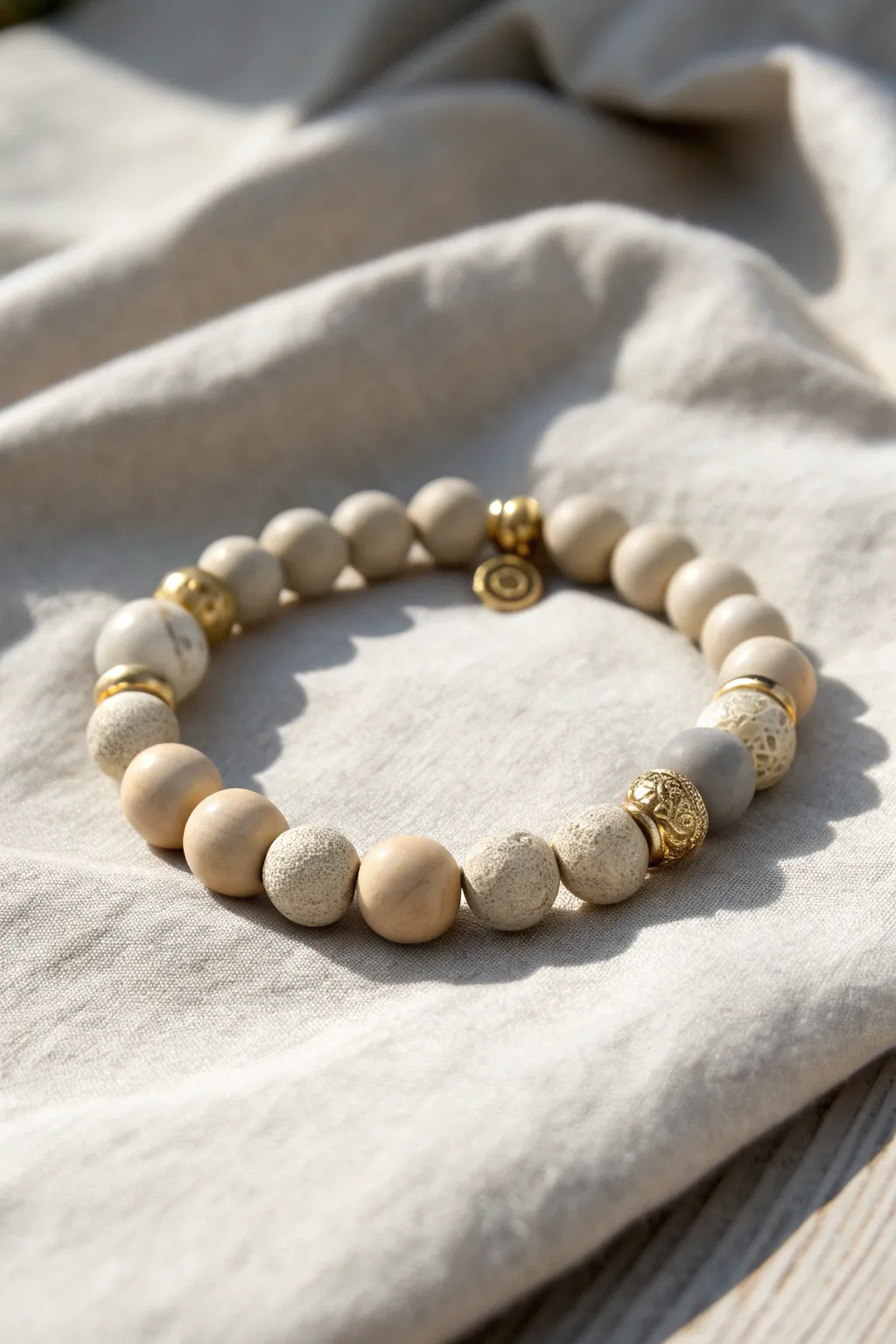 Neutral clay bead bracelet with one tiny charm, calm beige and gray tones with soft linen texture.