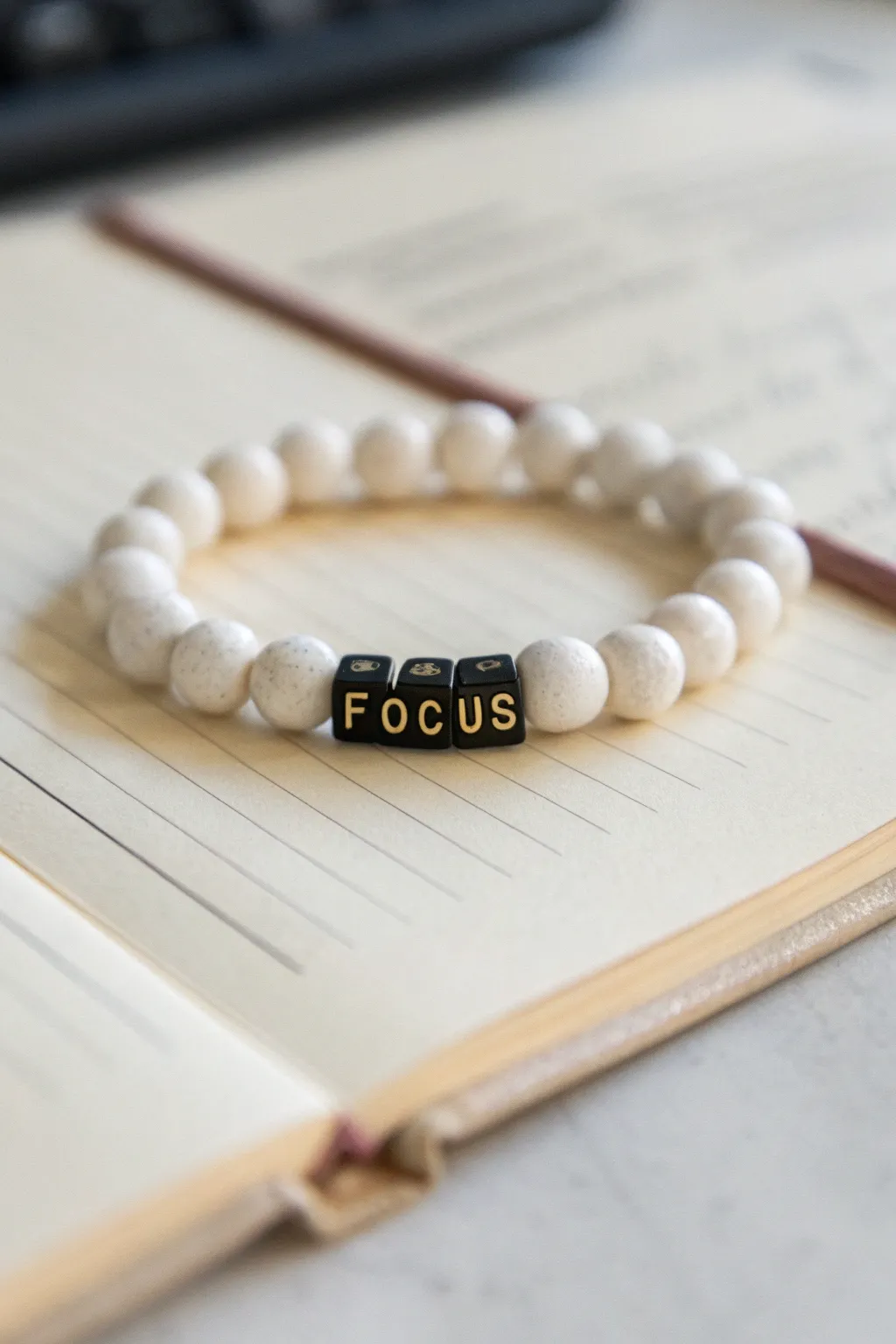 Minimal clay bead resolution bracelet with a bold intention word, simple enough to make at home