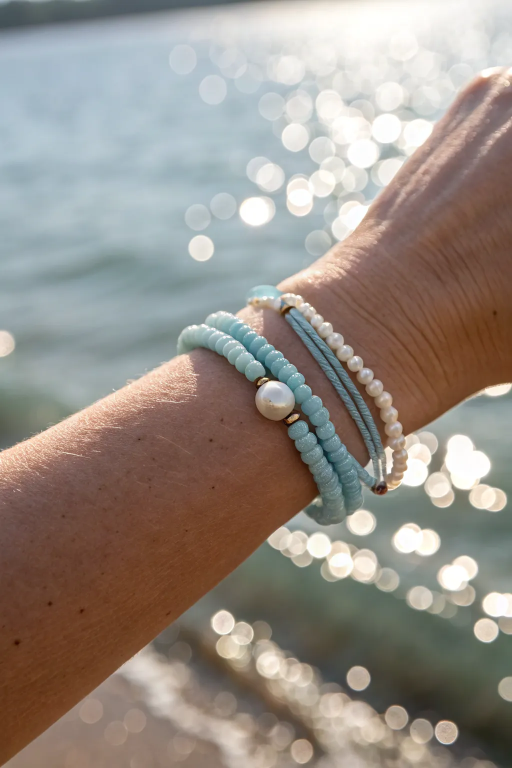 Sea-blue heishi beads with tiny pearls create a chic coastal stack, sparkling by the water.