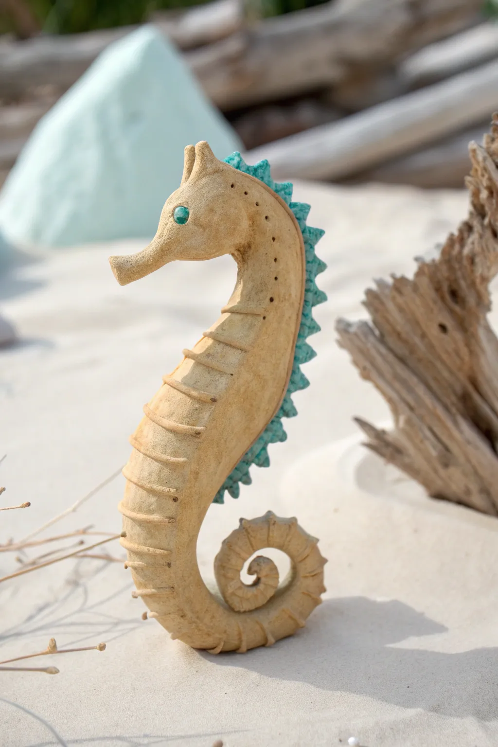 Coiled clay seahorse in sandy tones with teal accents for a calm, minimalist ocean vibe