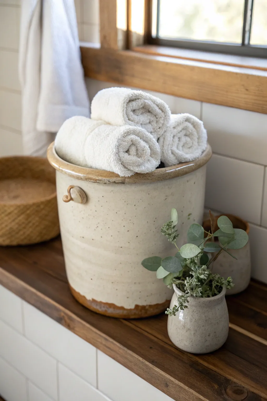 Vintage crock filled with rolled white towels for a calm, minimalist bathroom storage moment