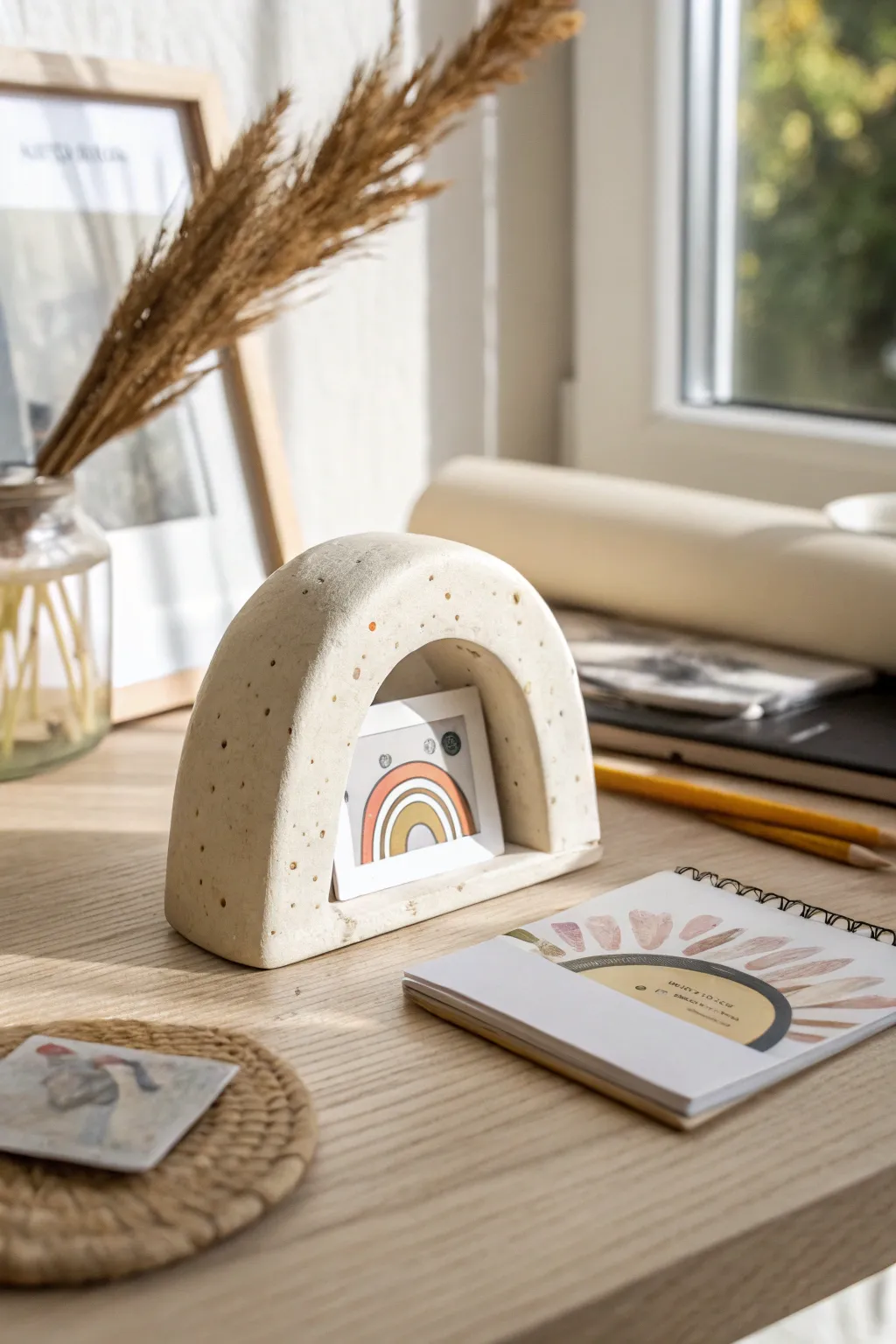 Beginner-friendly oven-bake clay photo card holder for a calm, minimal desk moment.