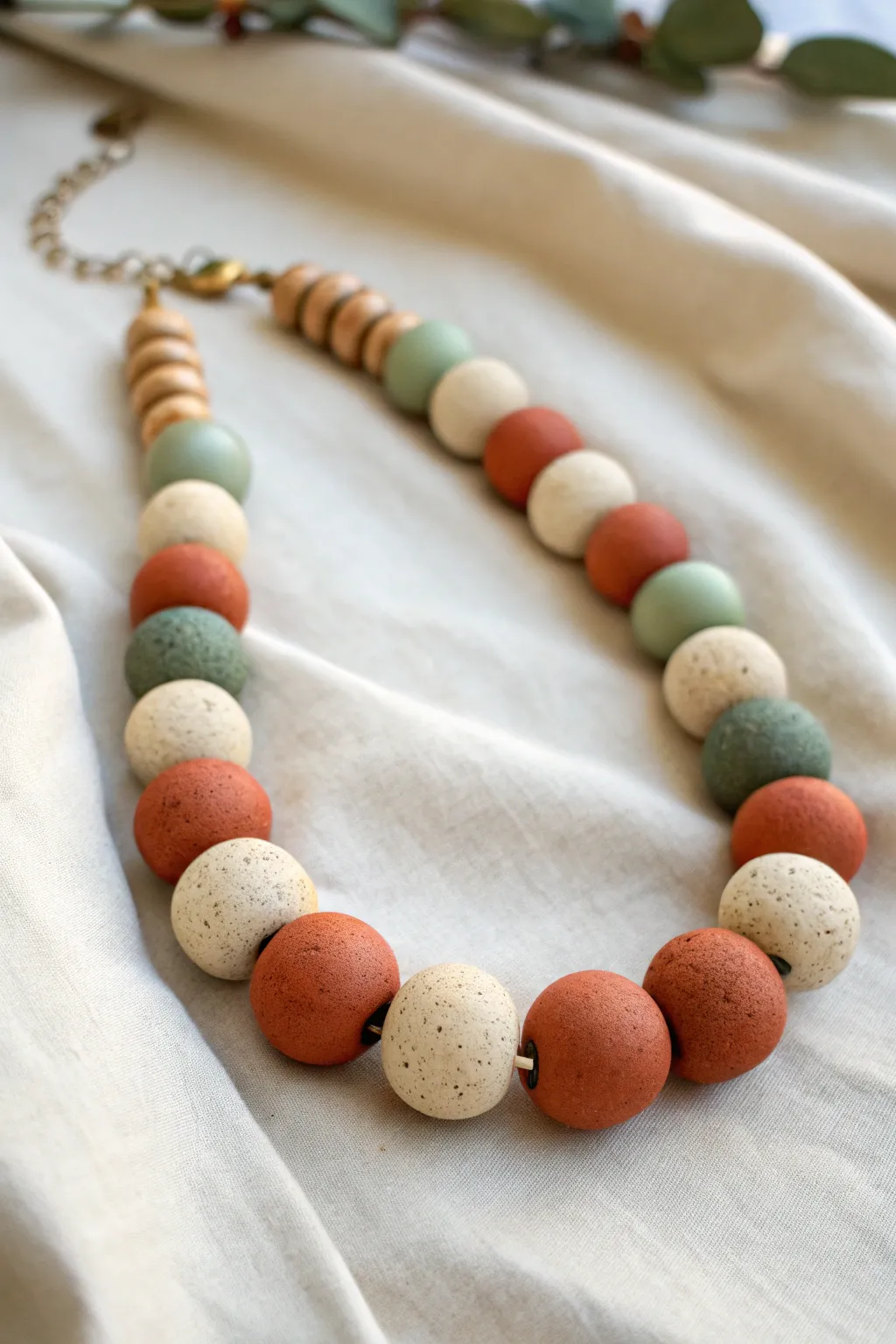 Chunky hollow oven-bake clay beads in sand, clay-red, and olive for a modern boho necklace.