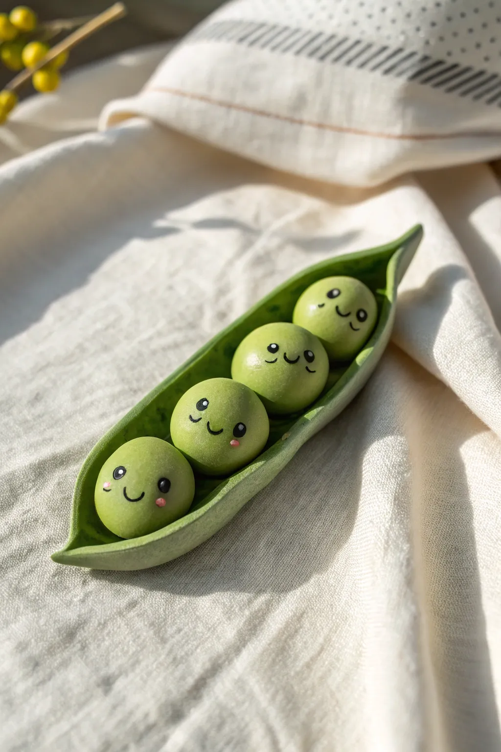 Peas in a pod clay magnet with sweet faces, minimalist Scandinavian look and cozy boho charm.