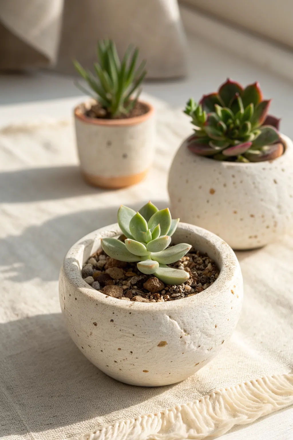 Mini pinch pot polymer clay succulent planter, simple Scandinavian style with cozy handmade charm