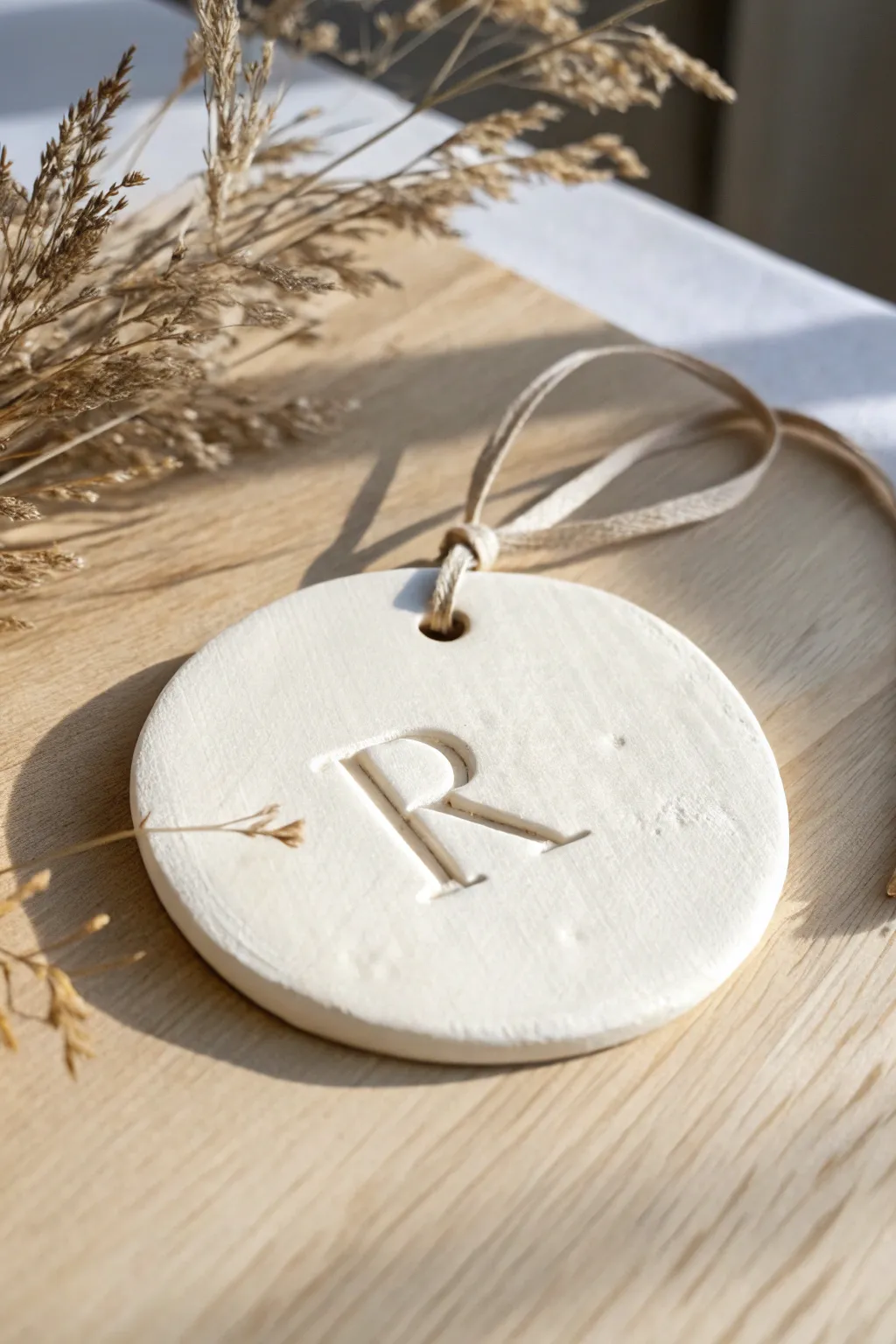Minimal paper clay name plaque with a stamped initial and linen loop, styled in calm Nordic tones.