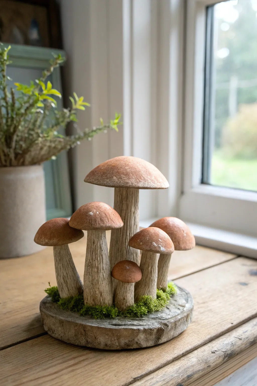 Earthy paper clay mushroom cluster sculpture with soft window light and cozy woodland vibes