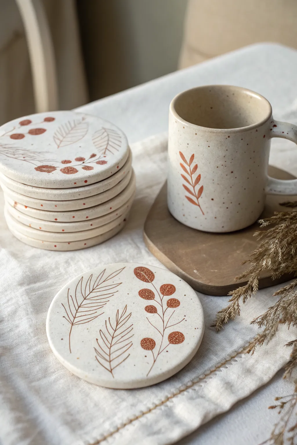 Minimal stamped paper mache clay coasters in two tones, styled with a cozy mug for function.