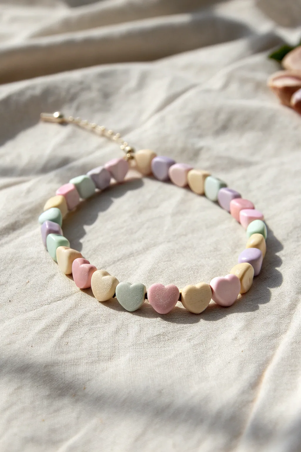 Pastel heart clay bead bracelet with tiny neutral spacers, styled in bright, airy light