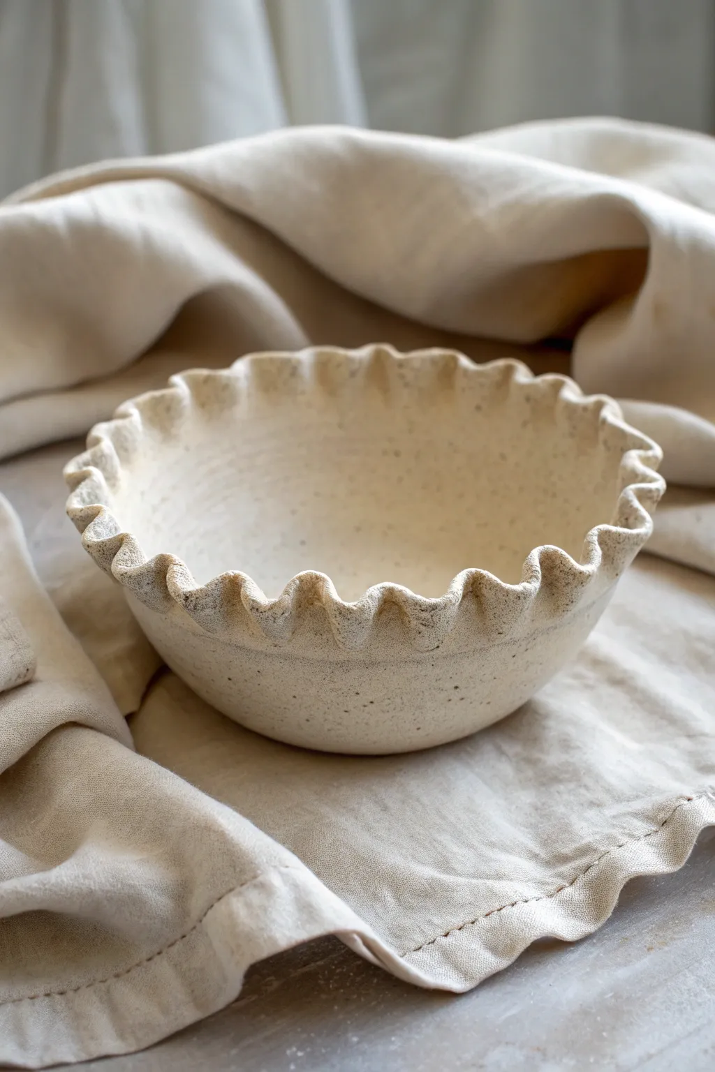 Wavy rim pinch pot bowl on natural linen, minimal and boho-soft with handcrafted charm.