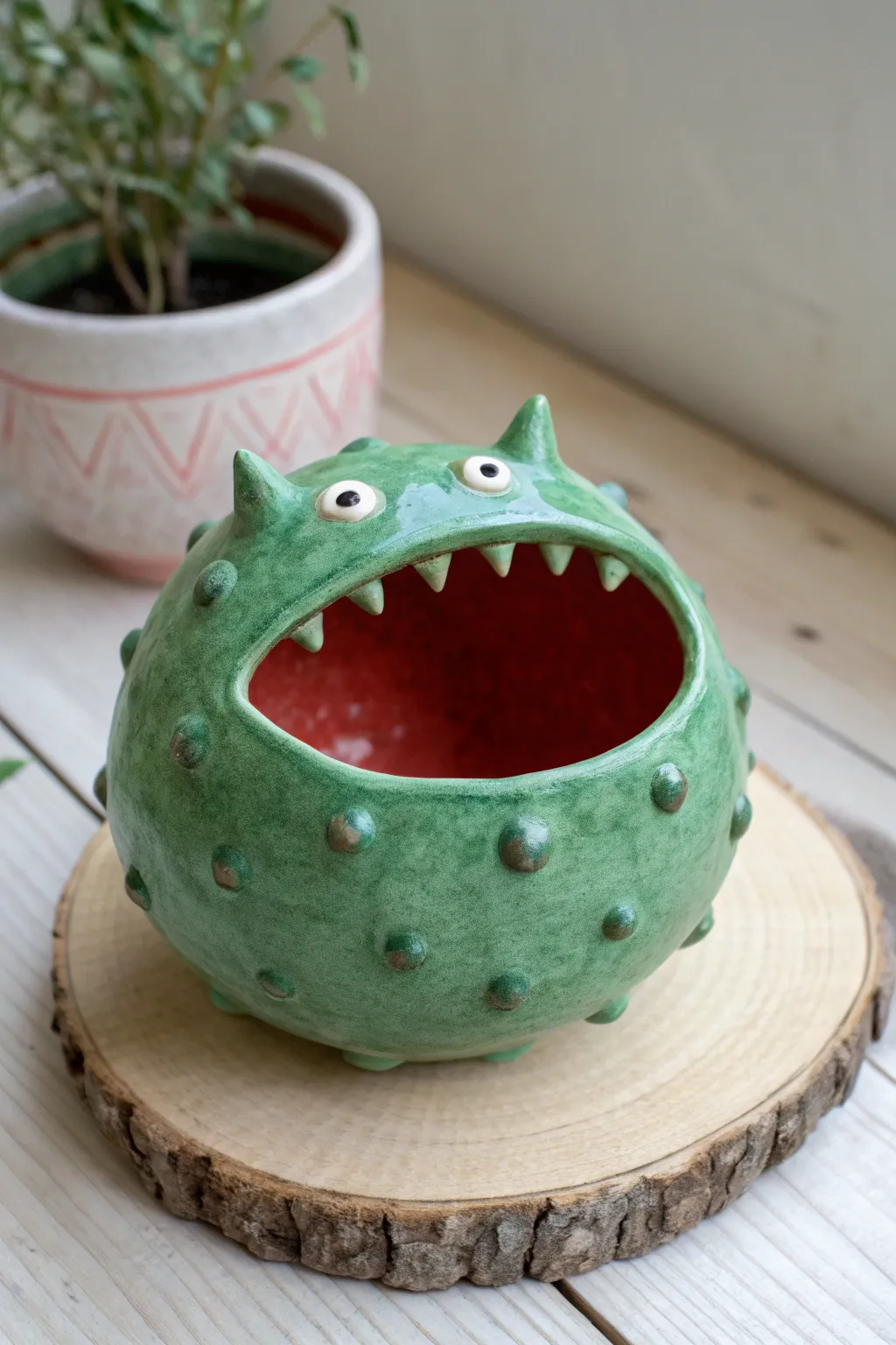 Green pinch pot reptile monster with stamped scales and a bold coral mouth for contrast