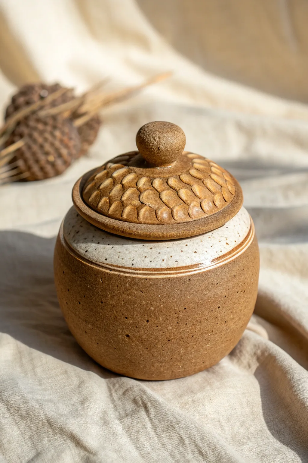Earthy pinch pot jar with waffle-grid lid, a simple nature-inspired piece for cozy shelves.