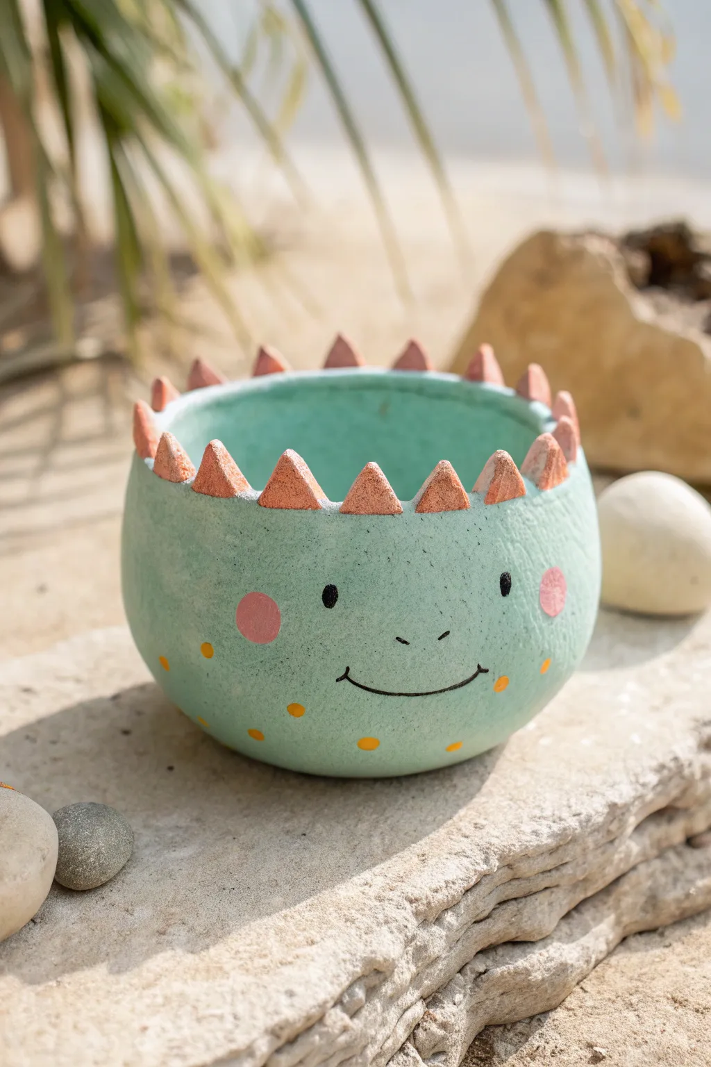Playful scaly pinch pot monster in pastel glaze, minimalist styling with handcrafted charm.