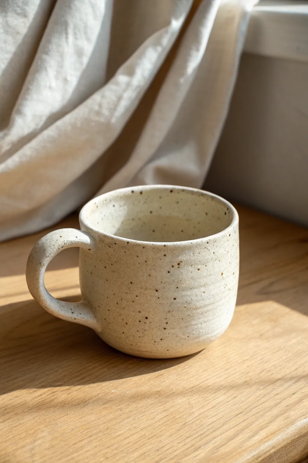 Pinch pot mug with a comfy thumb-rest handle, simple handmade charm in a calm Nordic style.