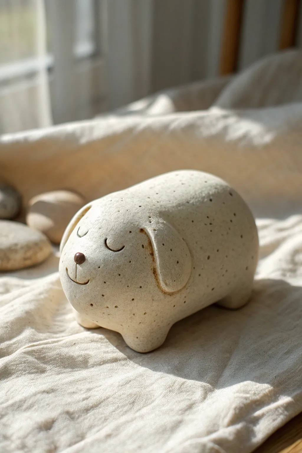 A cozy pinch pot puppy rattle with nose, floppy ears, and tiny paws in soft earthy tones