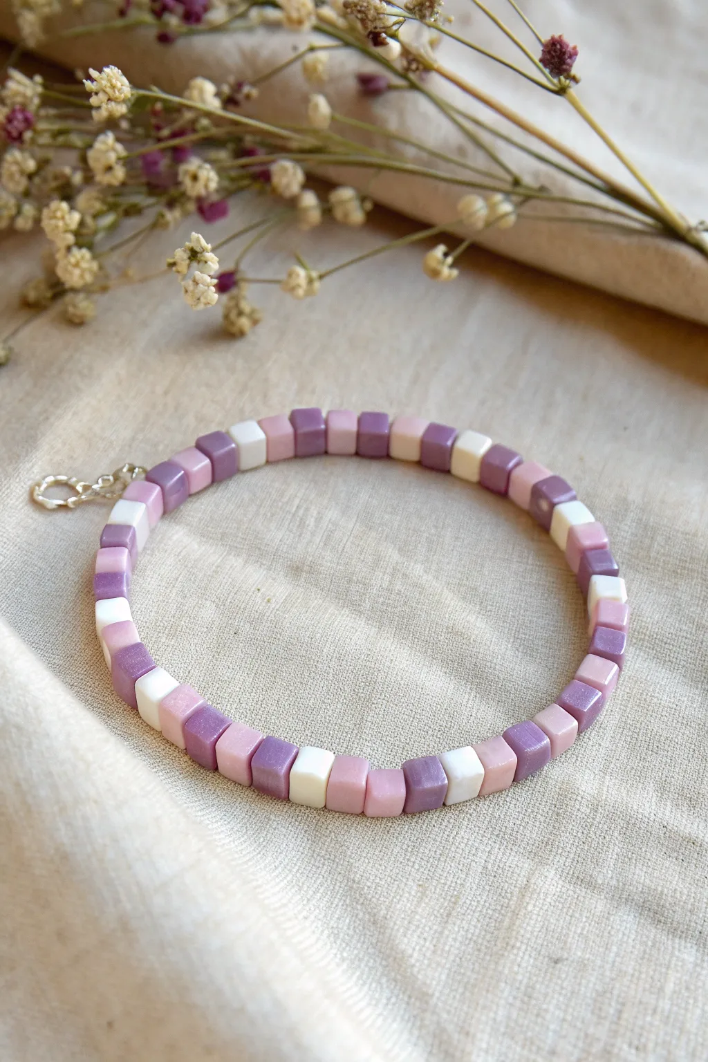 Pink, purple and white checkered clay bead bracelet, a sweet minimalist boho accent.