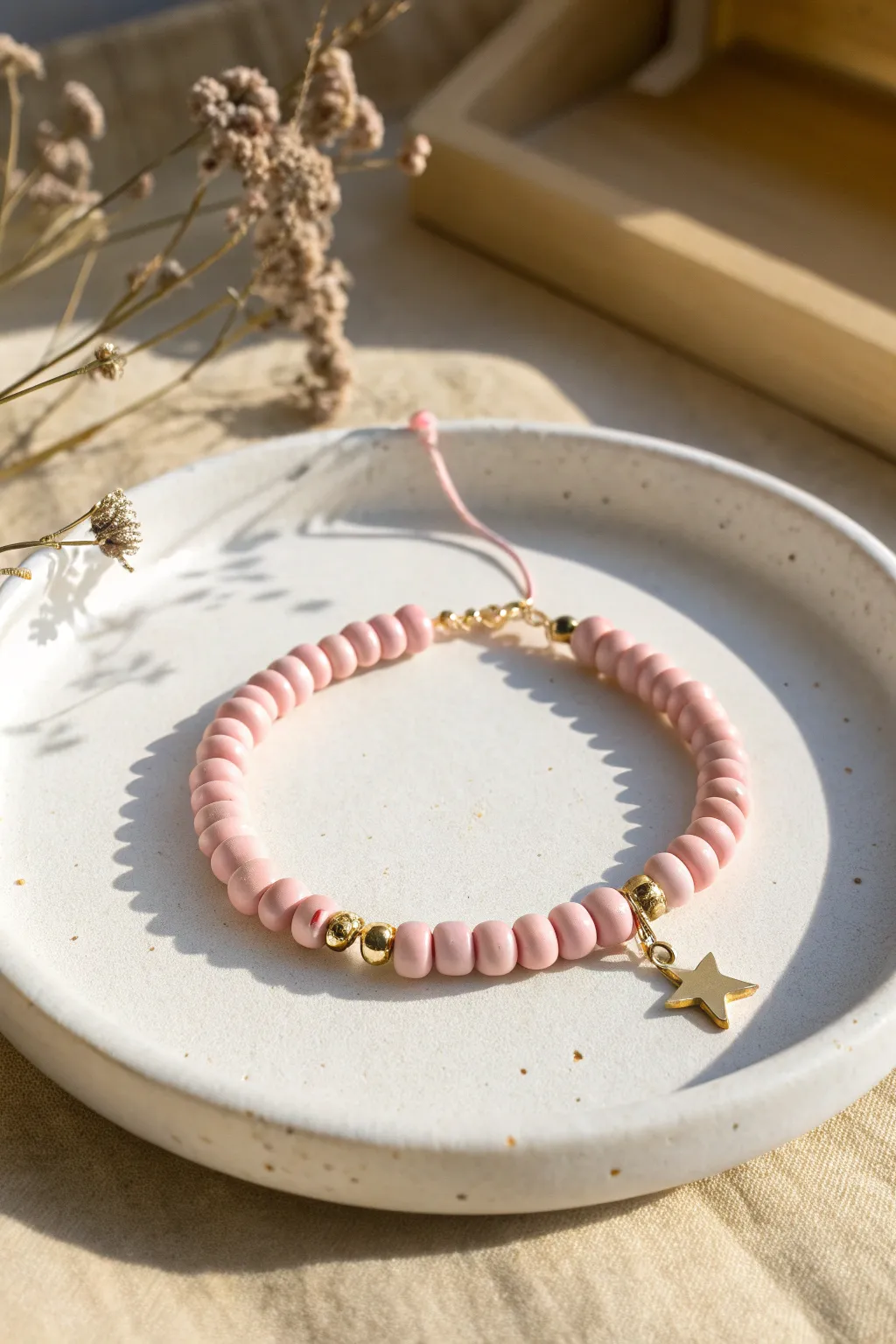 Soft pink clay disc bracelet with tiny gold star charm, styled on a crisp white tray.