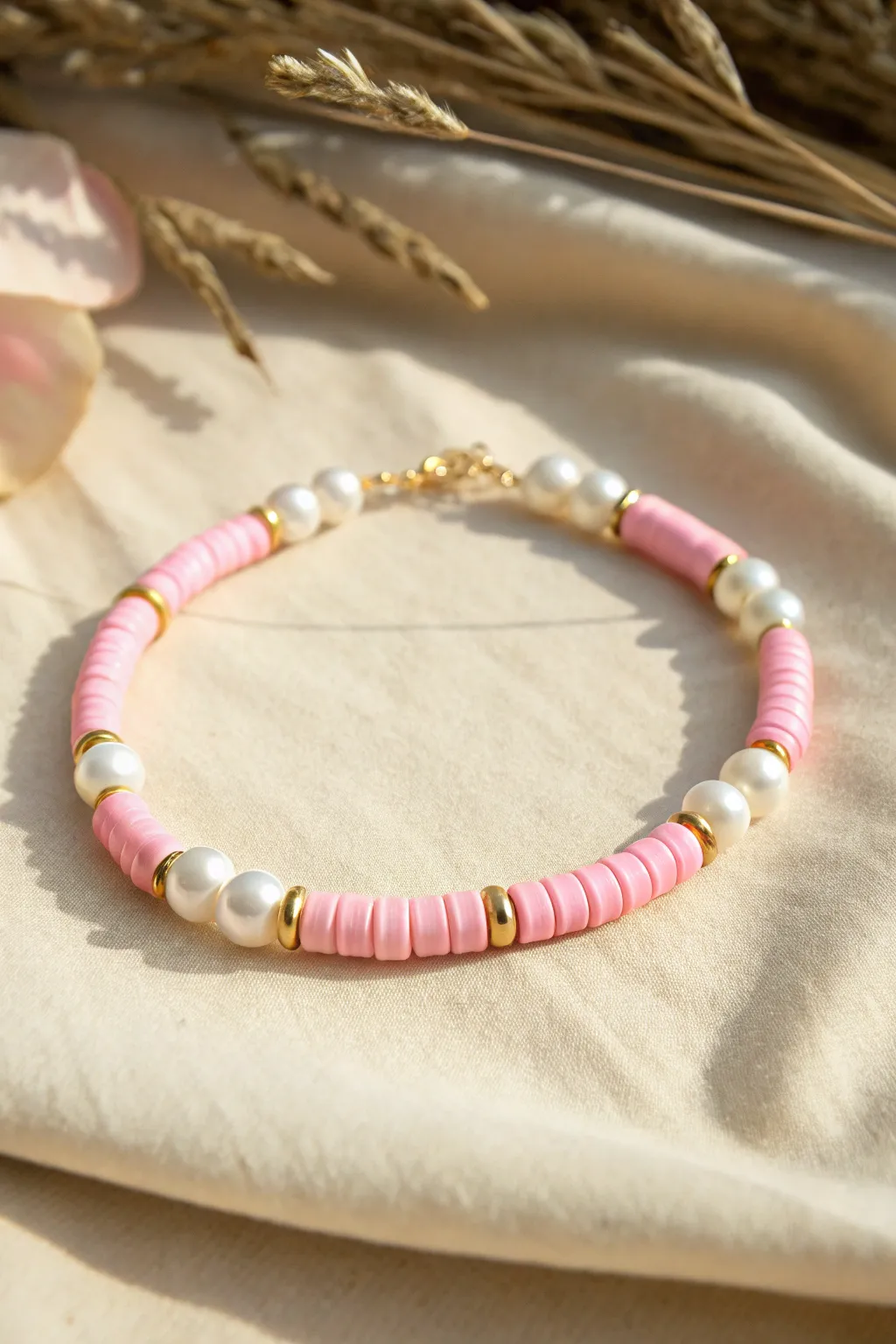 Pink heishi and pearl bracelet with tiny gold spacers for a clean, preppy finish