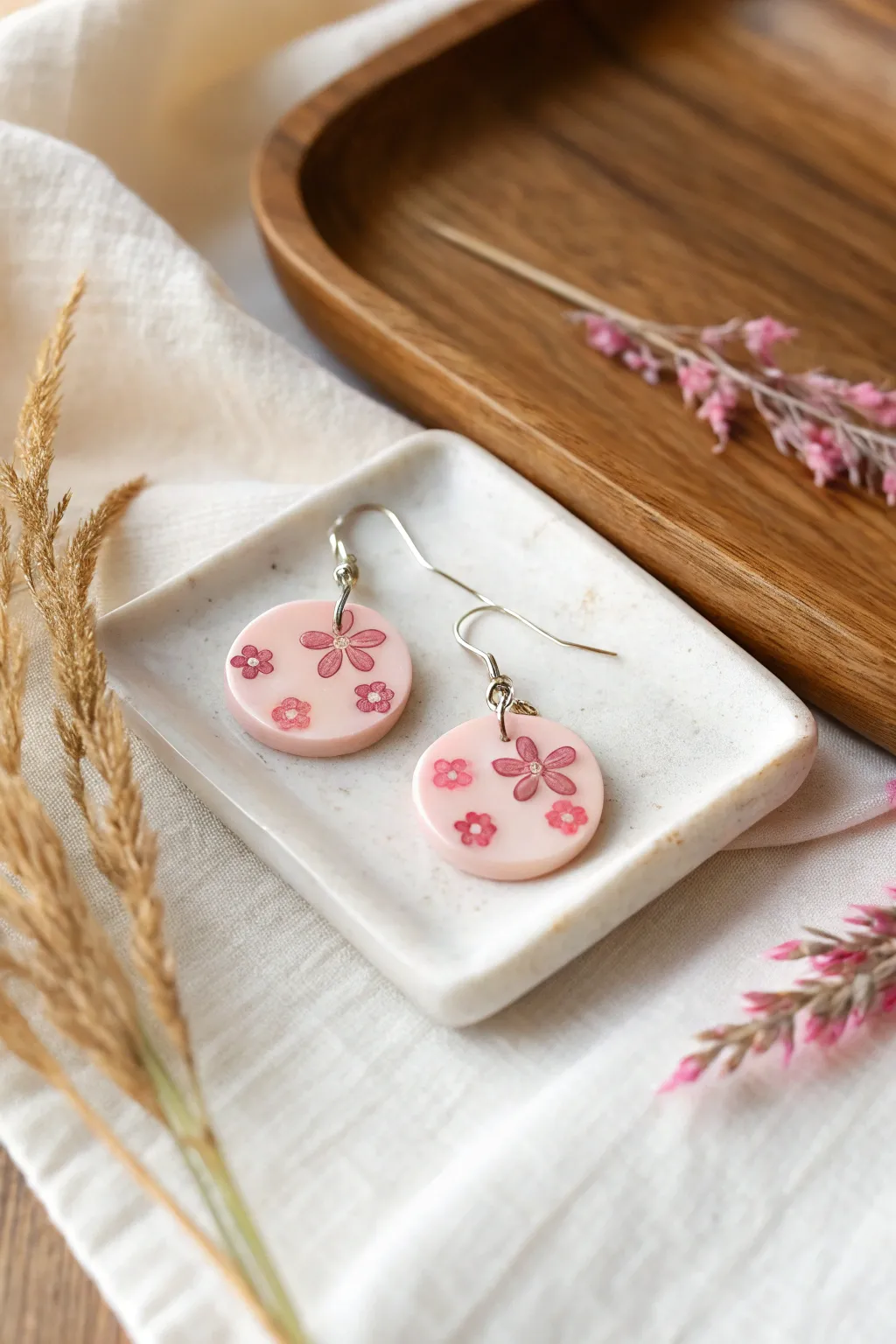 Minimal pink polymer clay earring tile with tiny flower cane accents on linen backdrop.