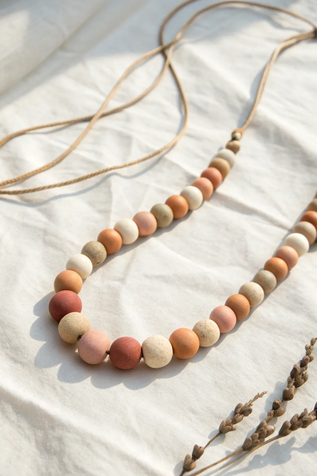 Minimalist polymer clay bead strand in soft earthy tones, perfect for simple DIY necklace ideas