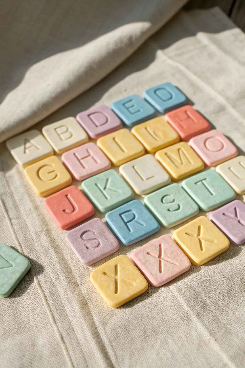 Pastel play clay initial tiles for name games, easy to make and lovely for calm playtime.