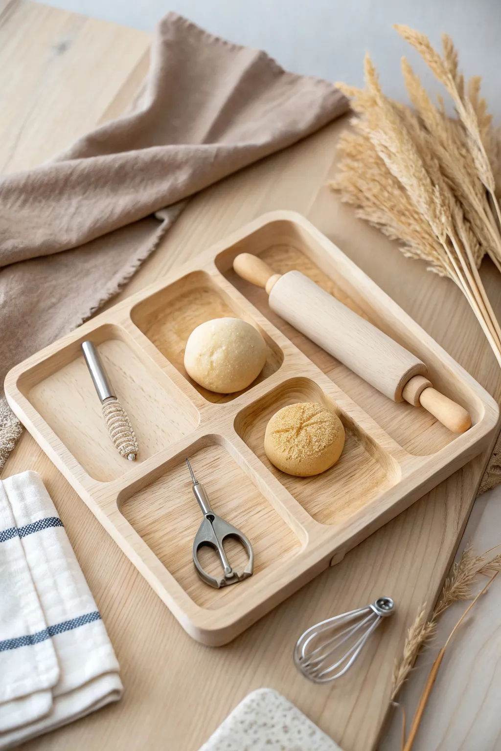 Fine motor tool buffet: an organized tray of kid-safe playdough tools for calm, focused play