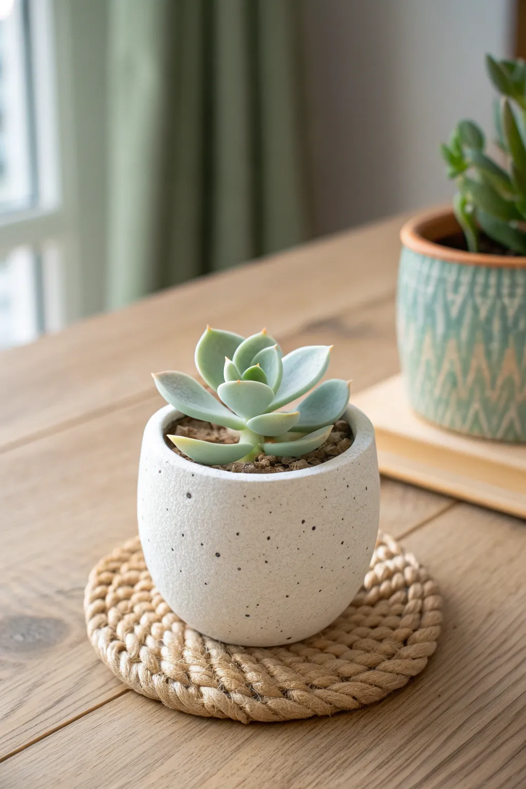 Tiny polymer clay succulent pot in pastel green, minimalist boho charm for a sweet windowsill vibe.